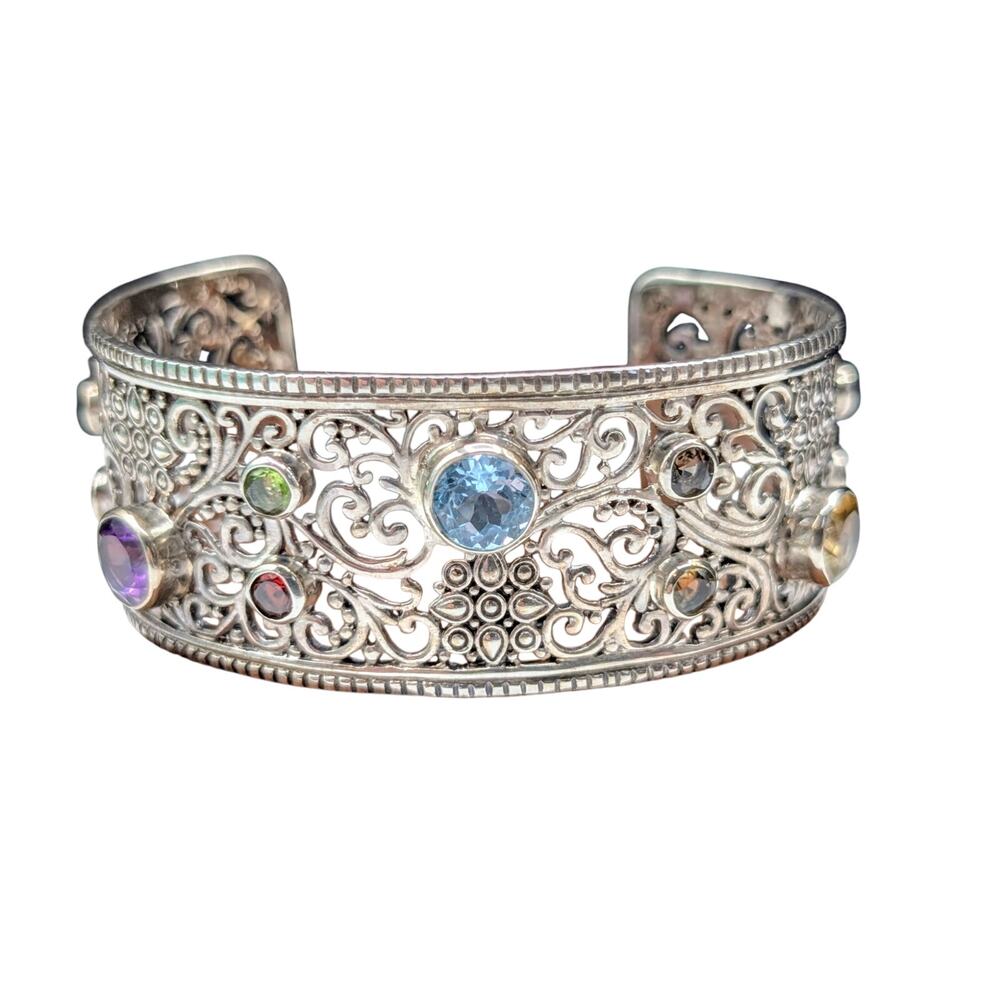 Samuel Benham 925 Sterling Bezel Set Multi-Gemstone Scroll Cuff Bracelet 40.69g